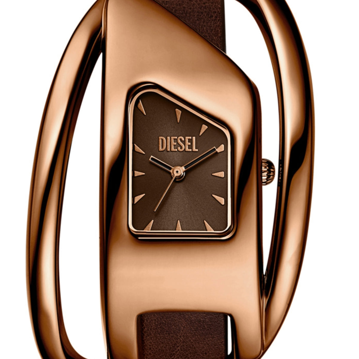 Rose gold Diesel watch with brown strap on a white background