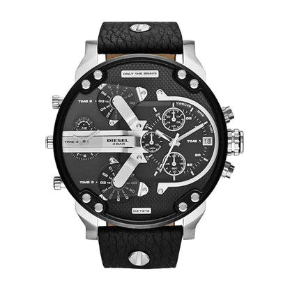 Black Diesel watch with detailed face on a white background