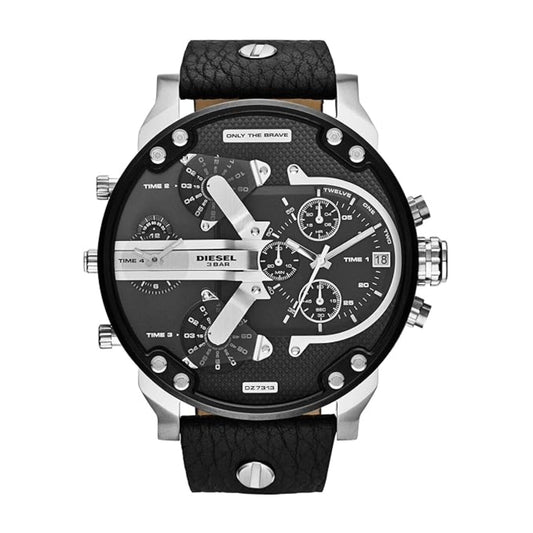 Black Diesel watch with detailed face on a white background