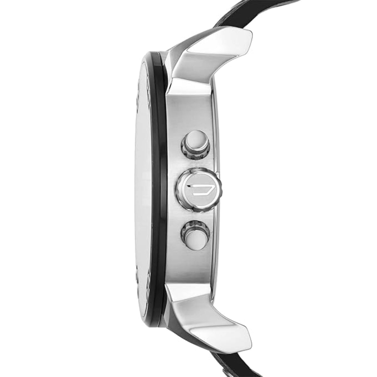 Close-up of a silver watch with black strap on a white background