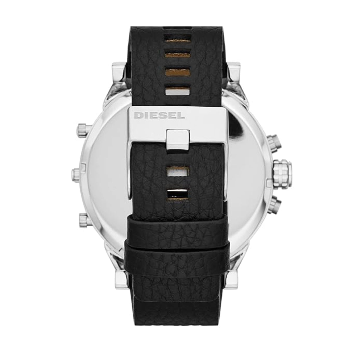 Dial of a Diesel watch with black leather strap on a white background