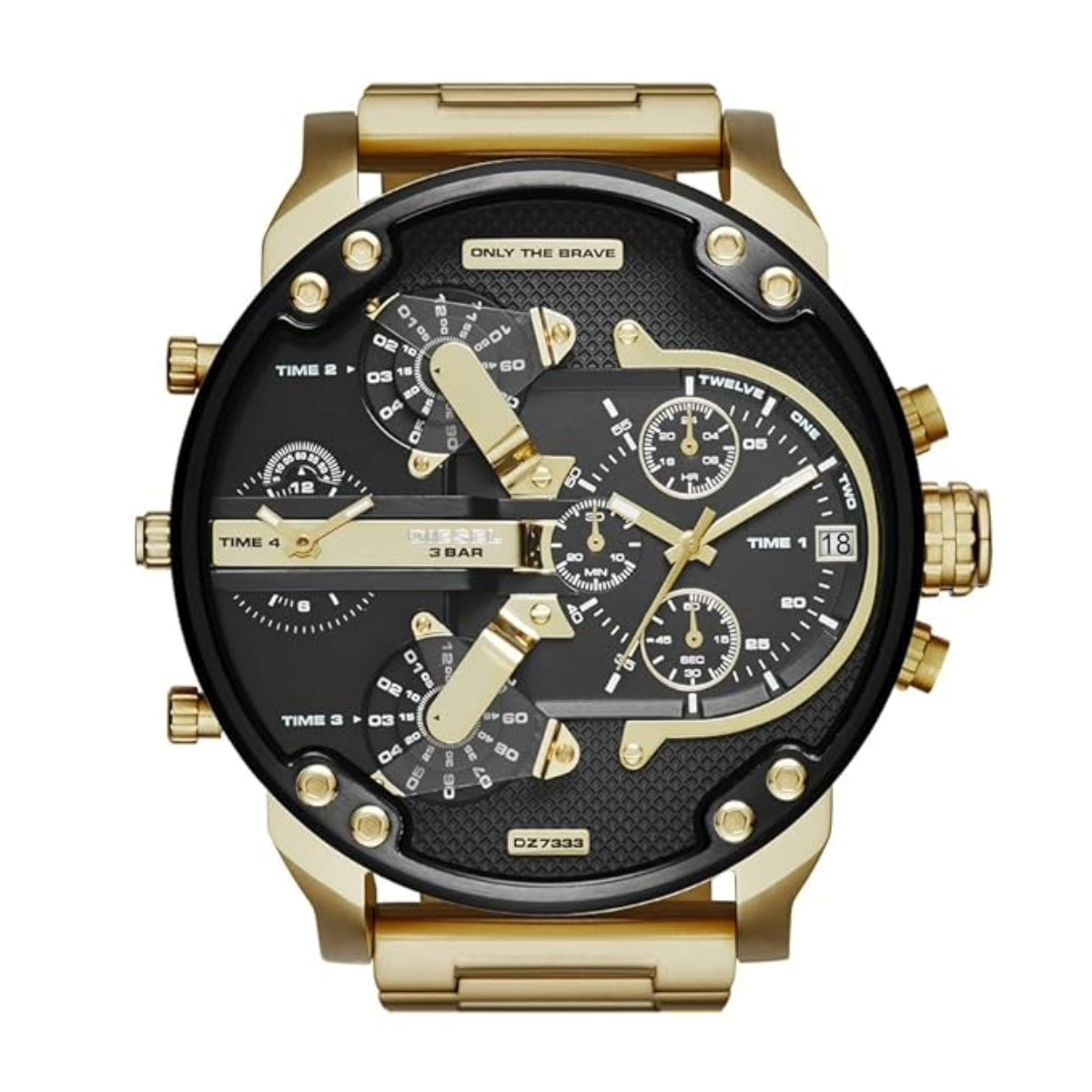 Gold and black watch with detailed face on a white background