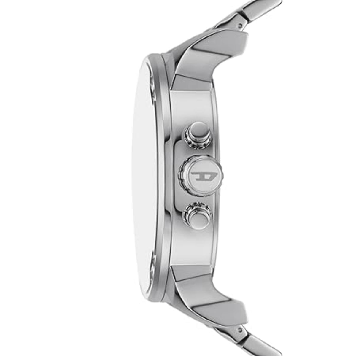 Close-up of a silver watch with detailed design on a white background