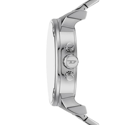 Close-up of a silver watch with detailed design on a white background