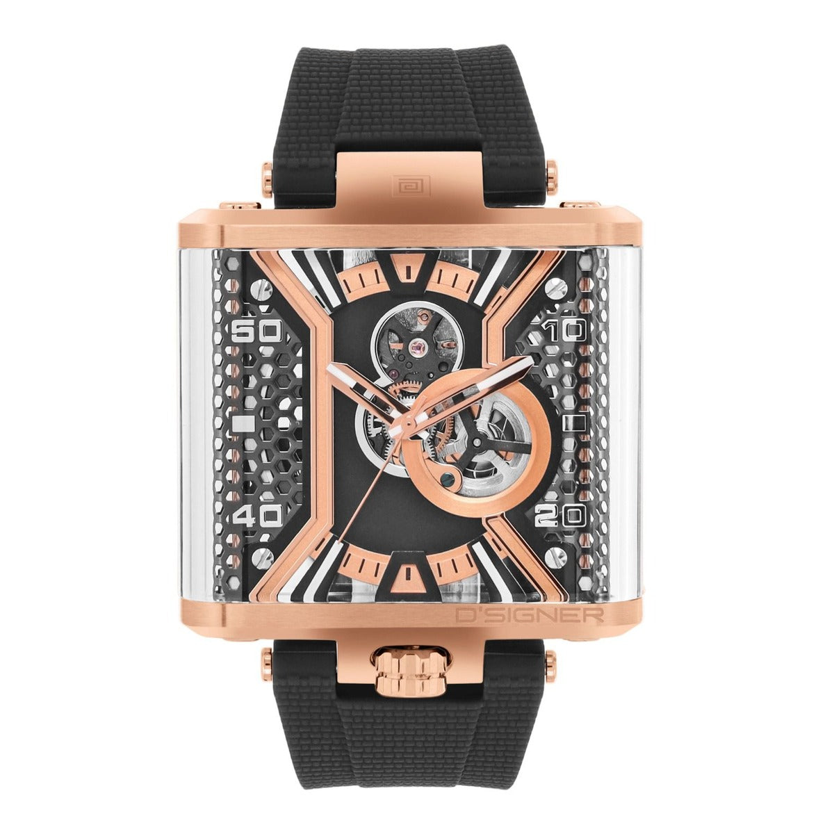 Luxury watch with rose gold case and black strap on a white background