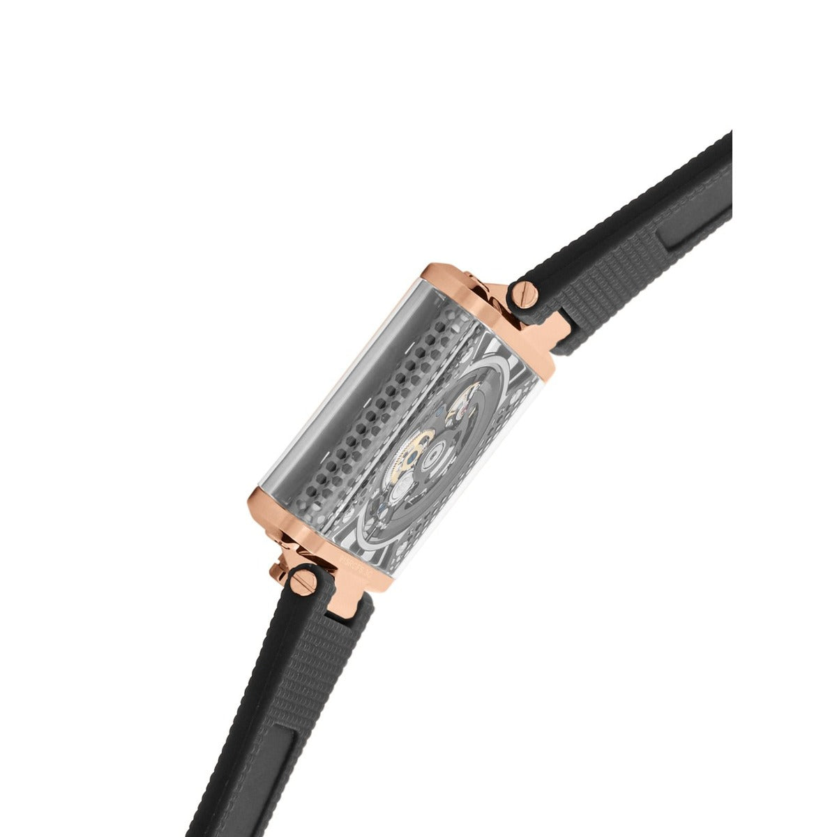 Watch with black strap and rose gold accents on a white background