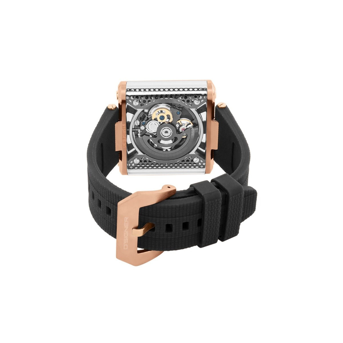 Watch with black strap and rose gold case on a white background
