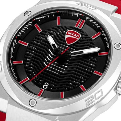 Ducati watch with black face, red accents, and silver case.