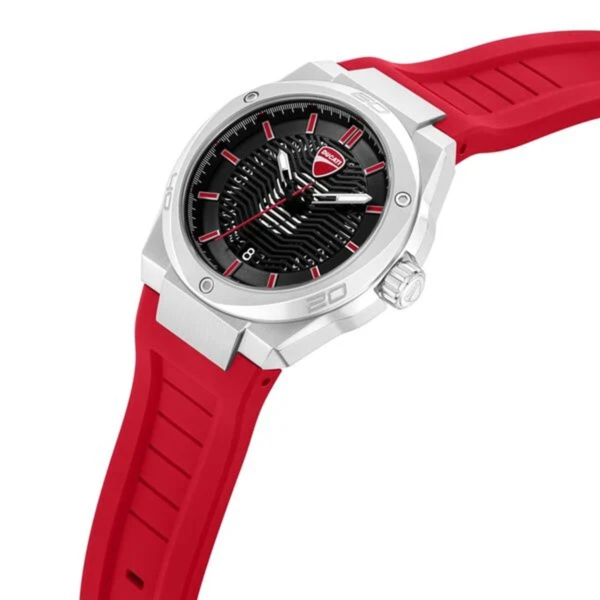 Watch with red strap and black dial on a white background