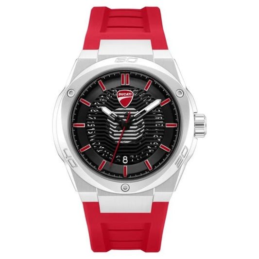 Watch with red strap and black dial on a white background