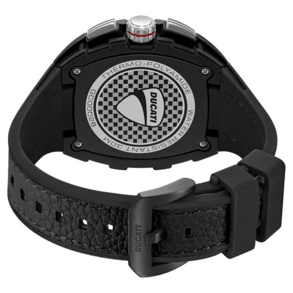 Black Ducati watch with detailed back design on a white background