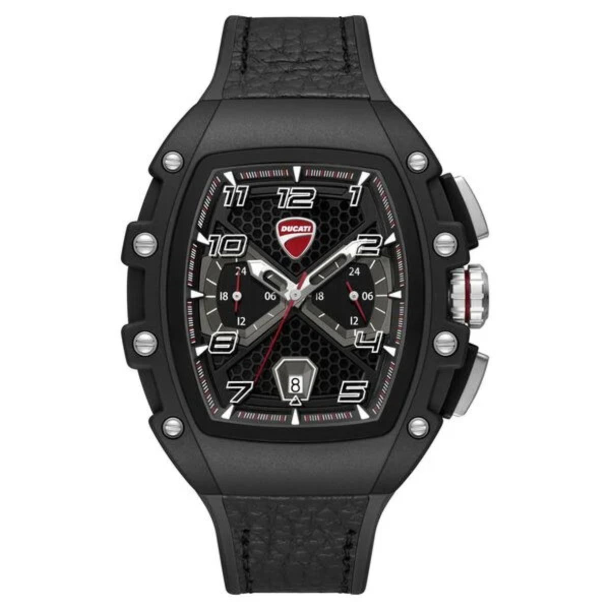 Black Ducati watch with detailed face on a white background