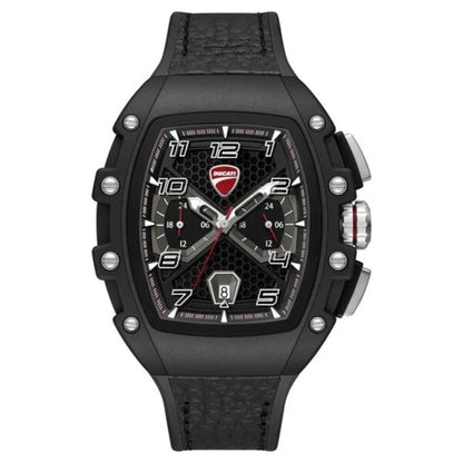 Black Ducati watch with detailed face on a white background