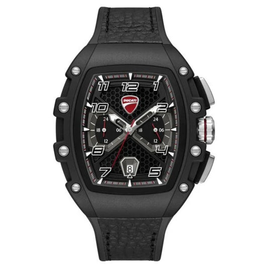 Black Ducati watch with detailed face on a white background