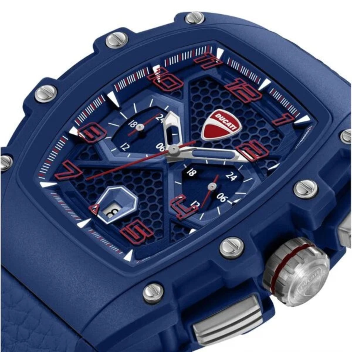 Blue watch with Ducati logo on a white background