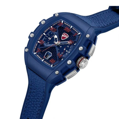 Blue watch with detailed face on a white background