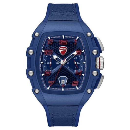 Blue watch with a detailed face on a white background