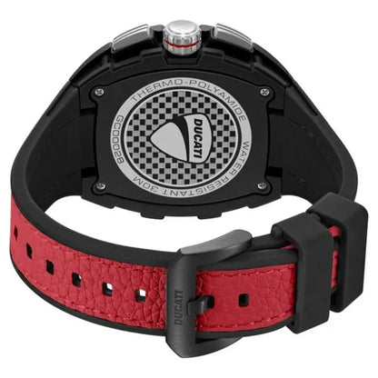 Ducati watch with red strap and black case on a white background