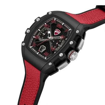Watch with black case and red strap on a white background