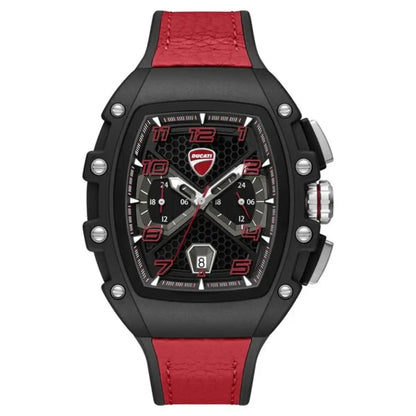 Watch with black case, red strap, and visible brand logo on a white background