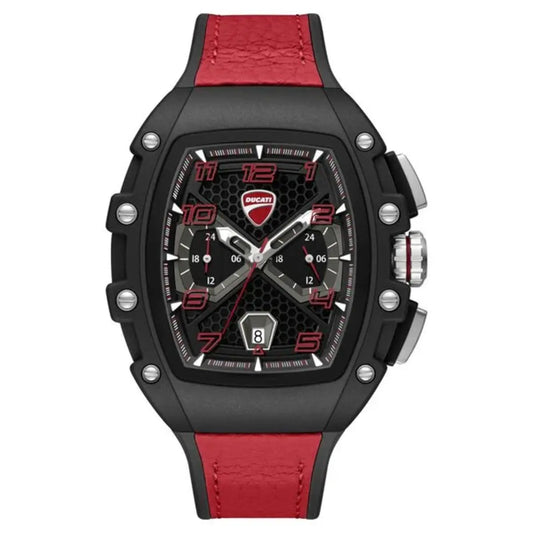 Watch with black case, red strap, and visible brand logo on a white background