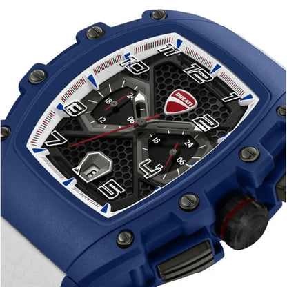 Blue watch with a detailed face featuring a Ducati logo on a white background