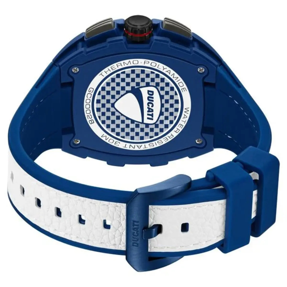Ducati watch with blue and white strap on a white background