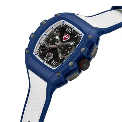 Blue and white watch with detailed face on a white background