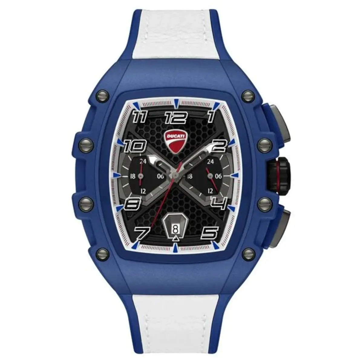 Blue and white watch with Ducati logo on a white background