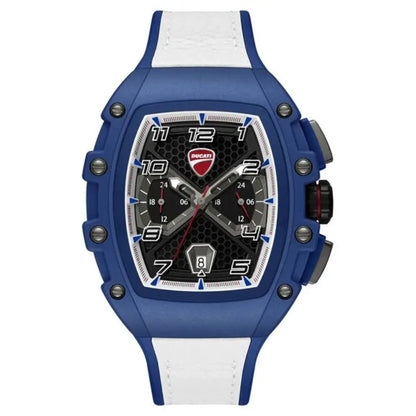 Blue and white watch with Ducati logo on a white background