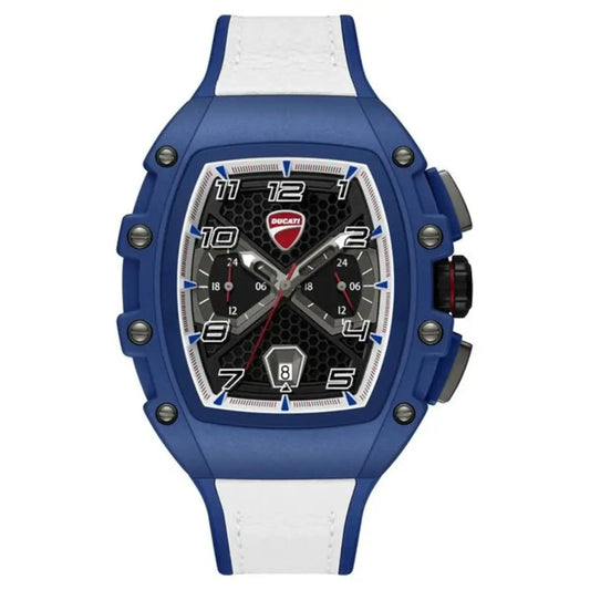 Blue and white watch with Ducati logo on a white background