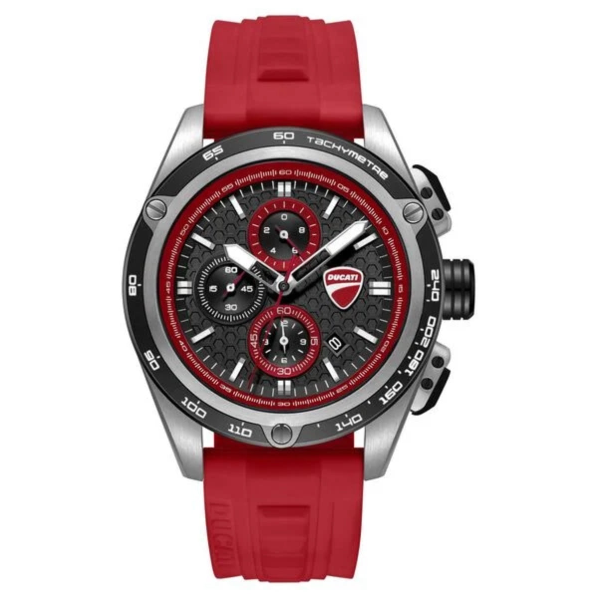 Watch with red strap and black dial on a white background