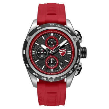 Watch with red strap and black dial on a white background
