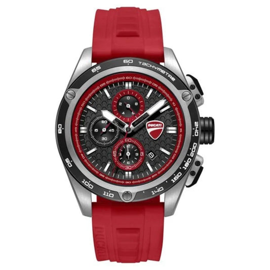 Watch with red strap and black dial on a white background