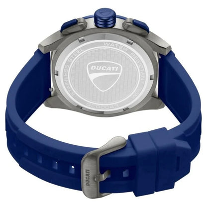Ducati watch with blue strap and silver case on a white background