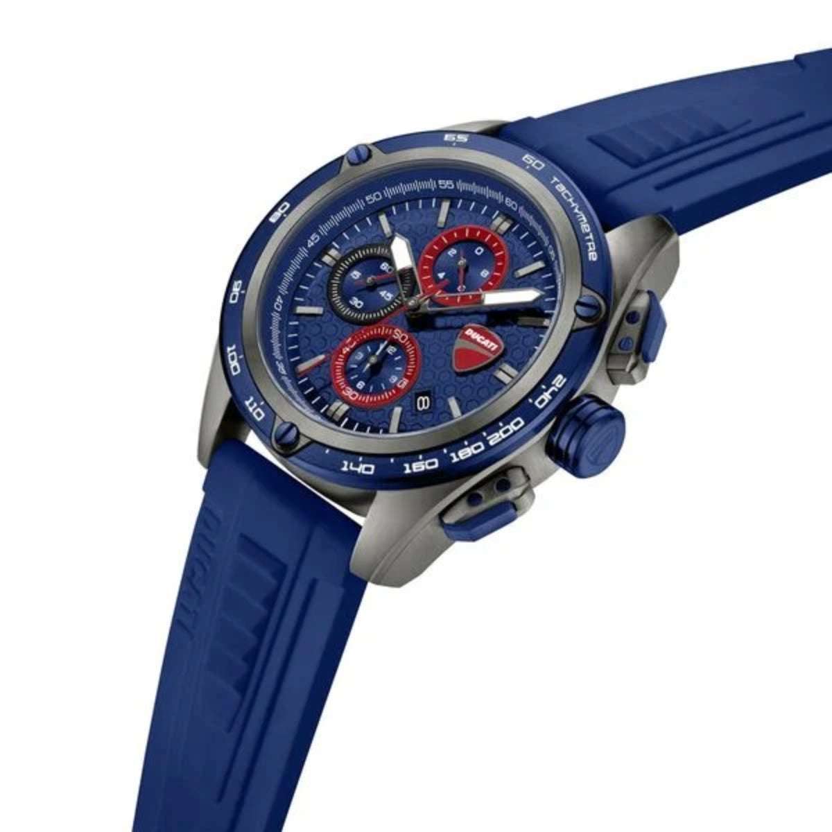 Blue watch with a detailed face on a white background