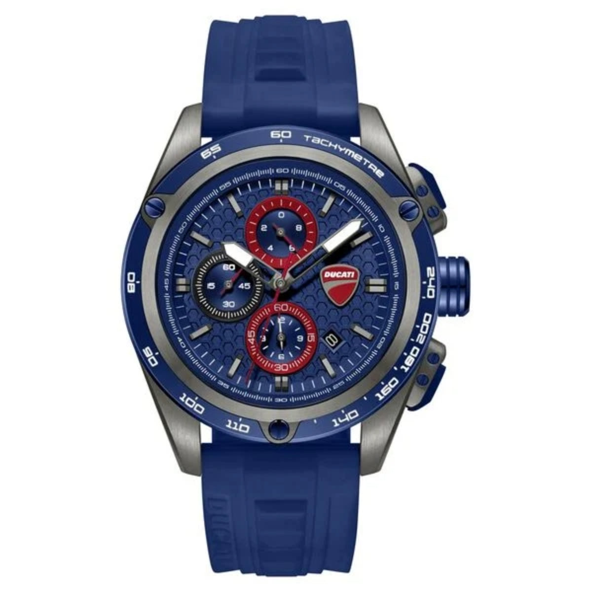 Blue and silver watch with red accents on a white background