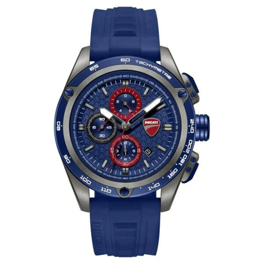 Blue and silver watch with red accents on a white background