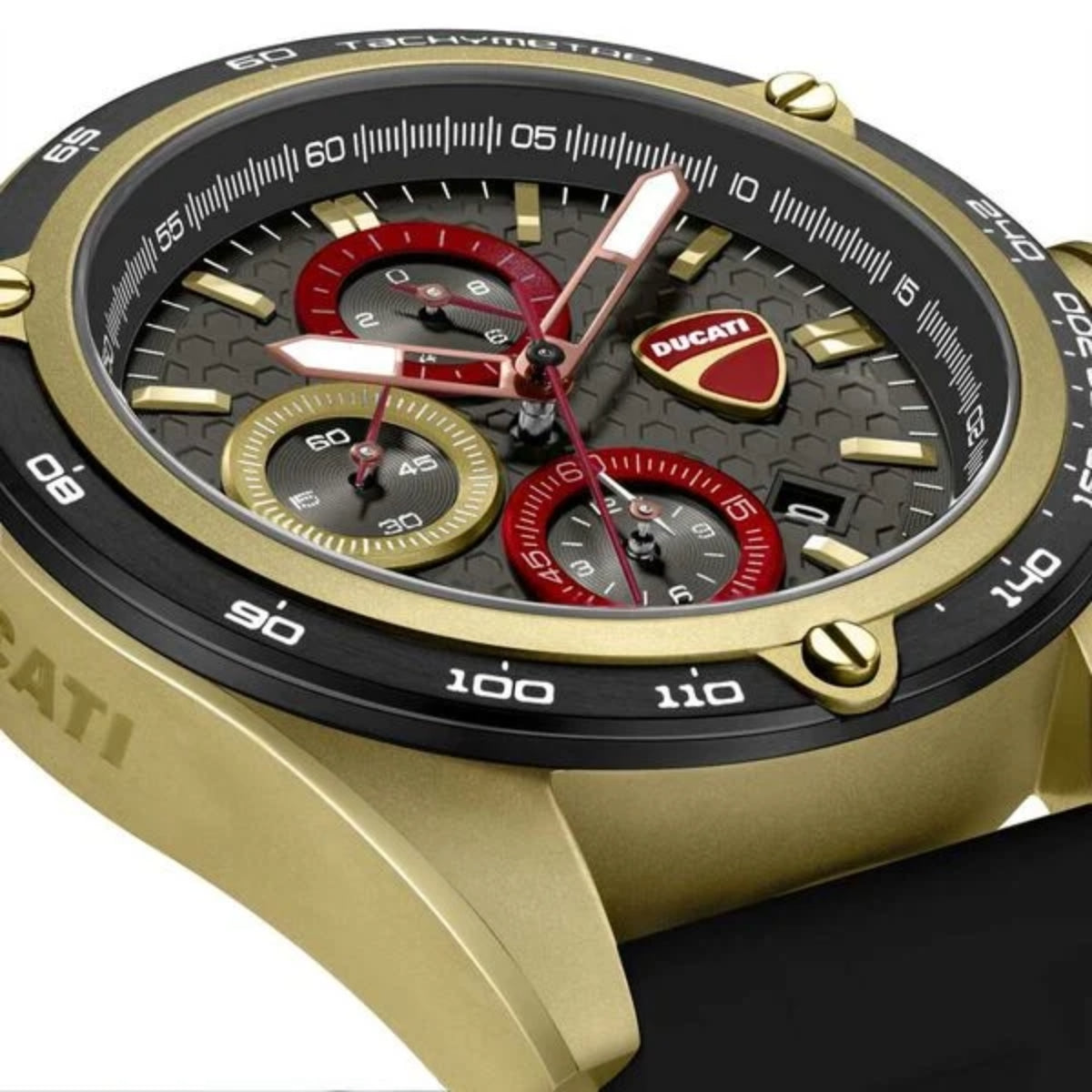 Gold Ducati watch with detailed face and brand logo on a white background