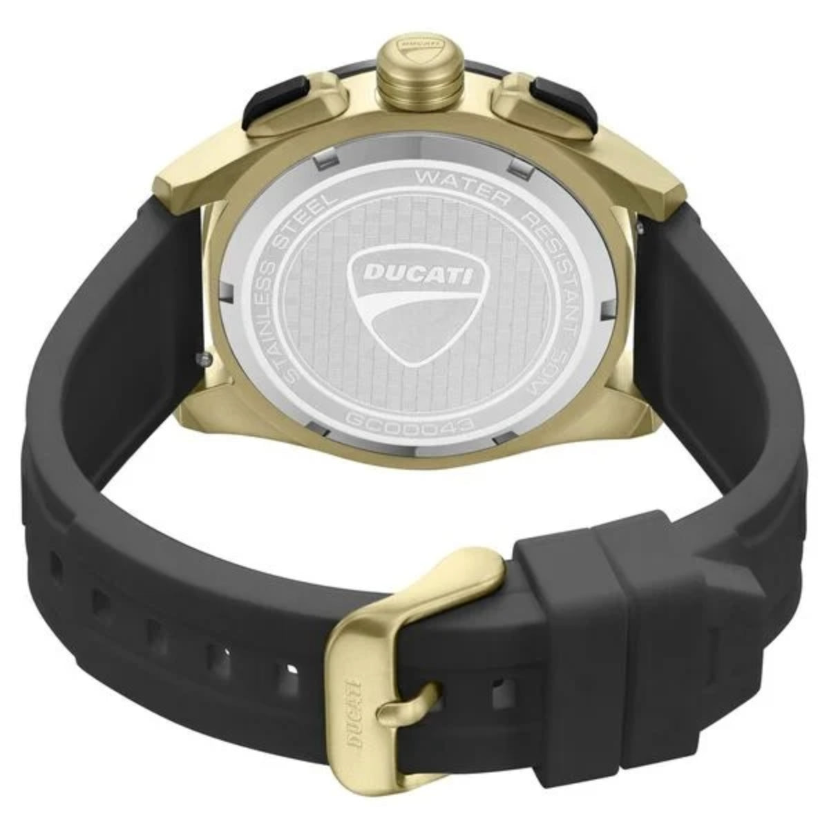 Ducati watch with black strap and gold accents on a white background