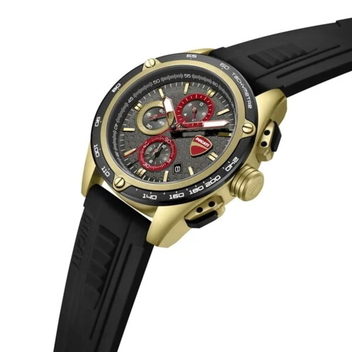 Wristwatch with black strap, gold case, and red accents on a white background