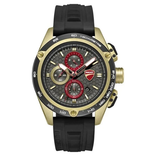 Luxury watch with black strap and gold case on a white background