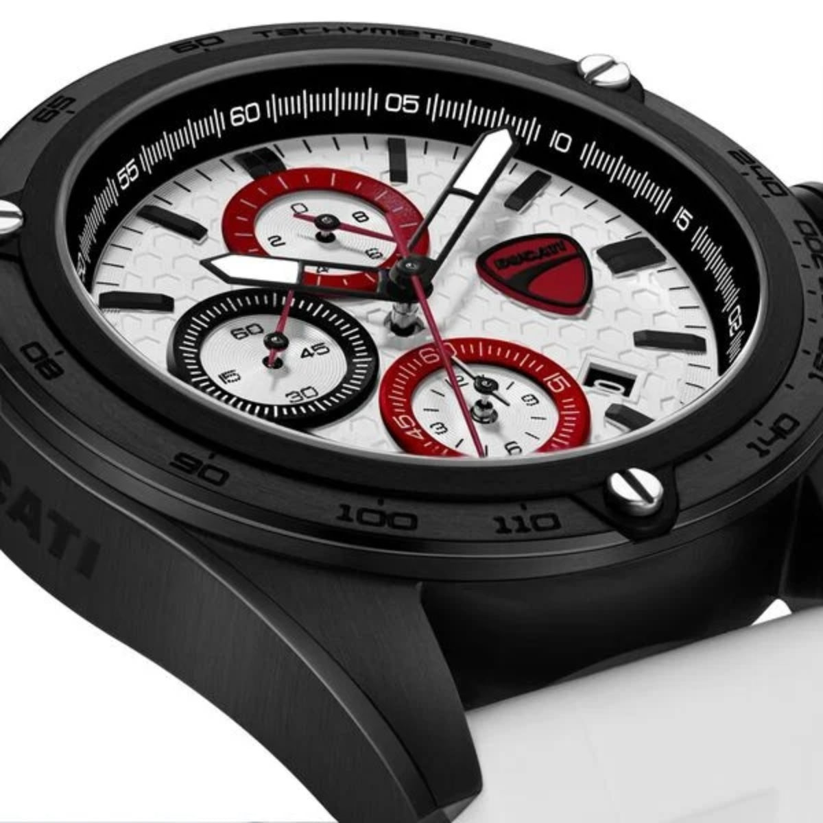 Black watch with red and white face on a white background