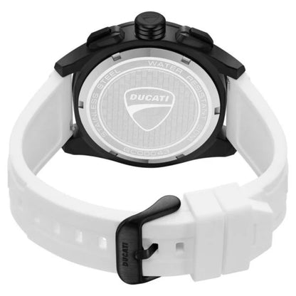 Ducati watch with white strap and black case on a white background
