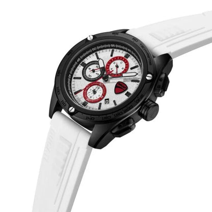 Watch with a white strap and black dial on a white background
