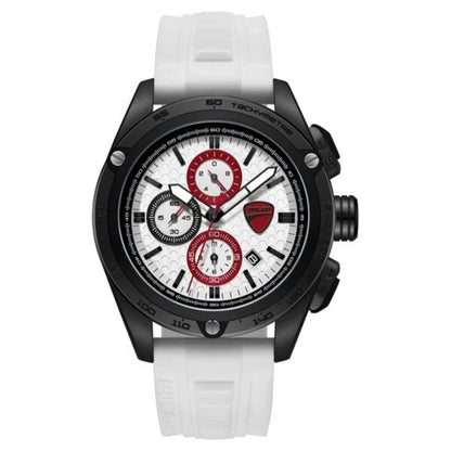 Watch with a white strap and black dial on a white background