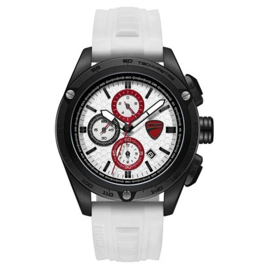Watch with a white strap and black dial on a white background