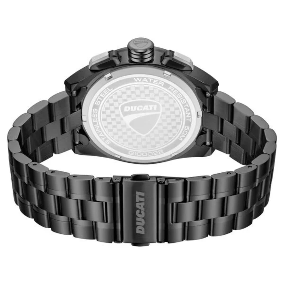 Black Ducati watch with a metallic band on a white background