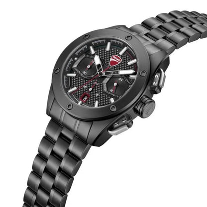 Gray wristwatch with a detailed face on a white background