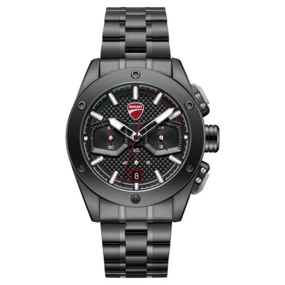 Black wristwatch with detailed face on a white background